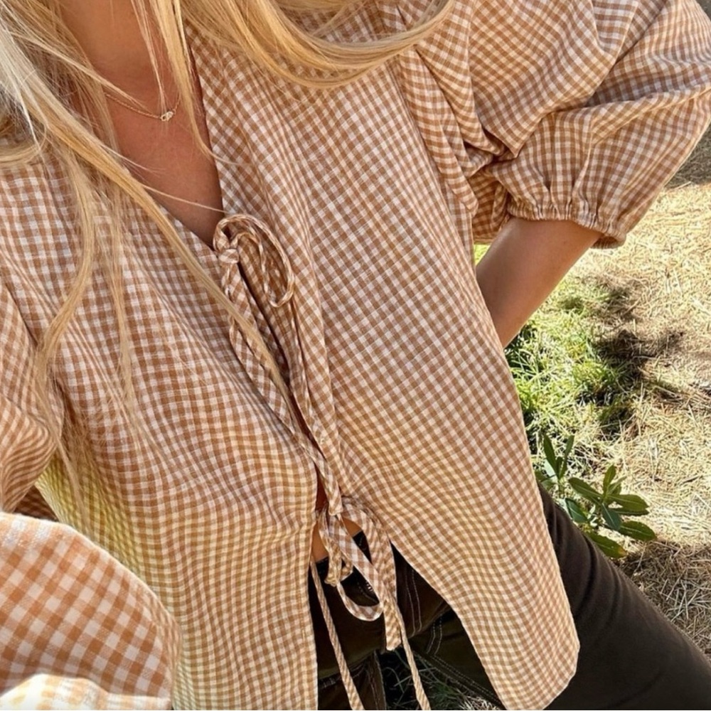 🤎Honeydove Vintage Linen Gingham Checkered Tie Blouse - Brown🤎